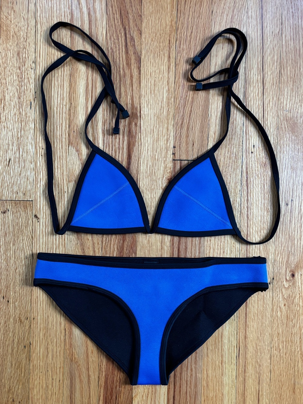 triangl swimwear Blue Triangle Bikini with Black Trim Medium Bottom Small Top